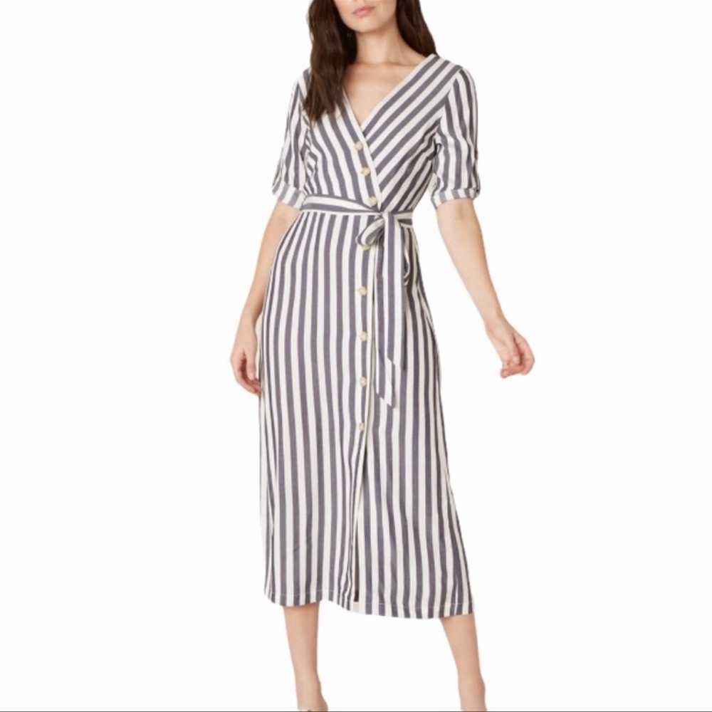 BB Dakota Set Sail Midi Dress Blue White Striped Button Front Waist Tie Size 4